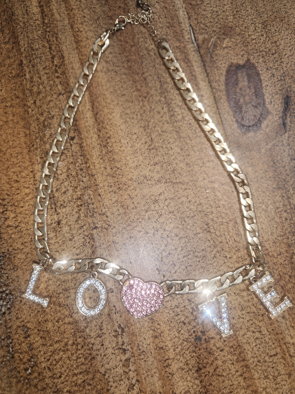 Gold-tone LOVE Heart Statement Necklace with Pink Crystal Heart